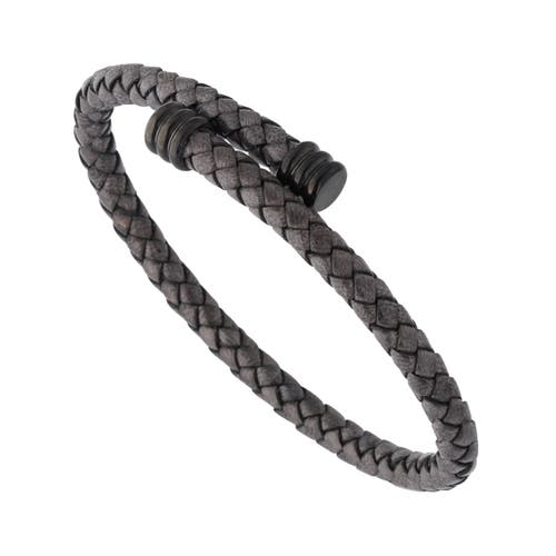 Link Up Flexible Braided Leather Bracelet With Stainless Steel End Caps In Black