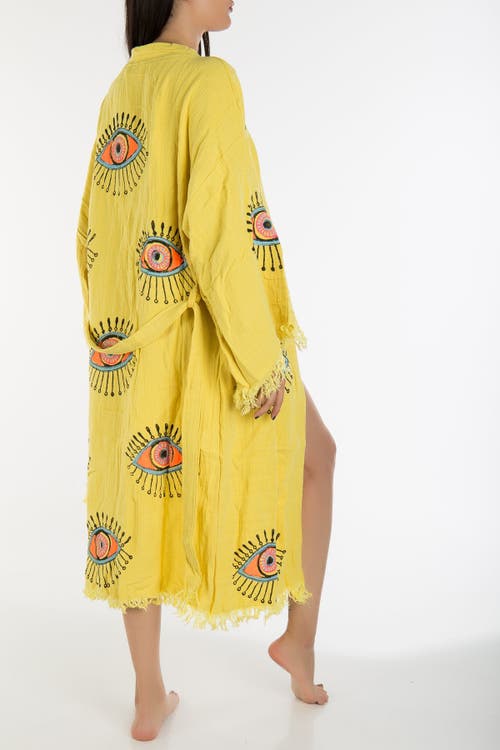 Forever & Always Shoes Aria Evil Eye Handmade Cotton Kimono In Yellow