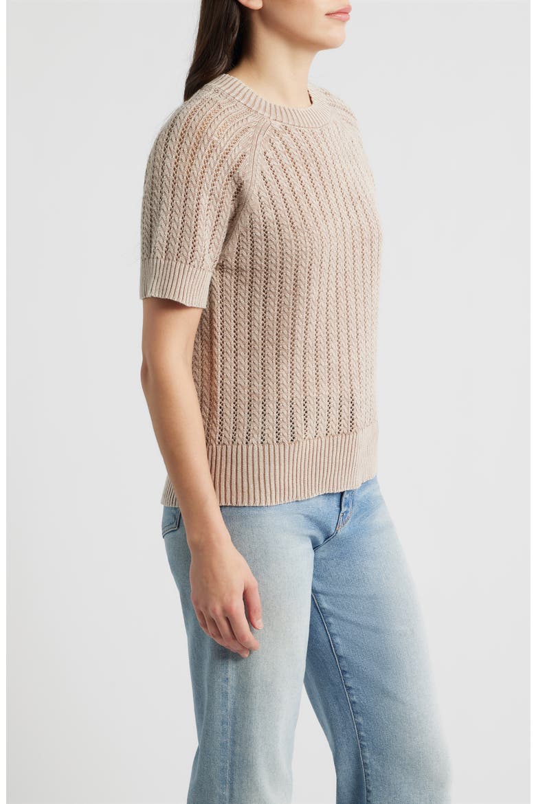 Washed Openwork Knit Rib Short Sleeve Sweater, Alternate, color, LATTE