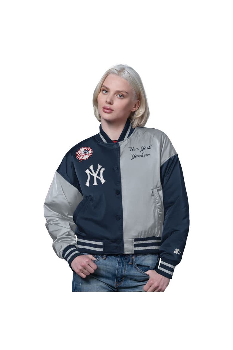Women's Starter Navy/Gray New York Yankees Offside Cropped Full-Snap Varsity Jacket, Main, color, Navy