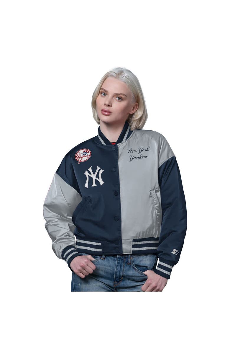 STARTER Women's Starter Navy/Gray New York Yankees Offside Cropped Full-Snap Varsity Jacket, Main, color, Navy