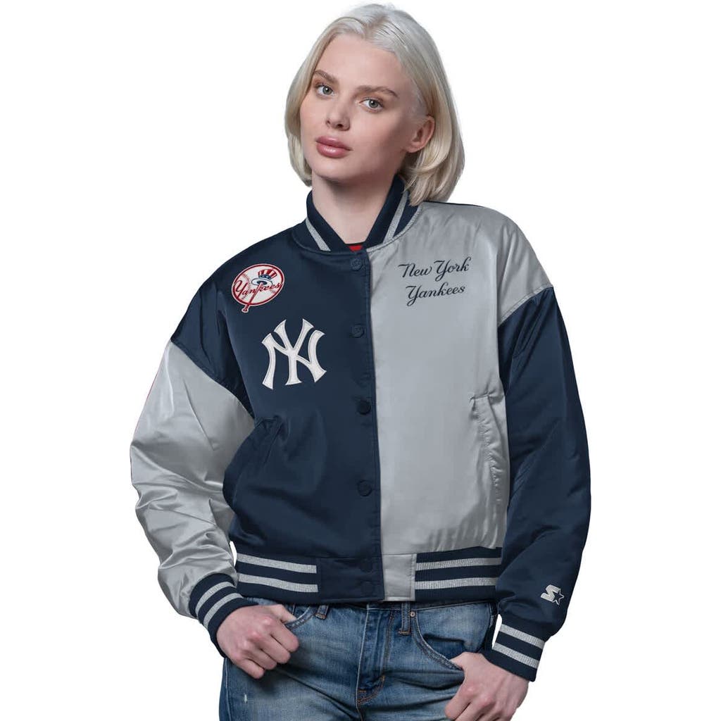 Starter Navy/gray New York Yankees Offside Cropped Full-snap Varsity Jacket In Blue