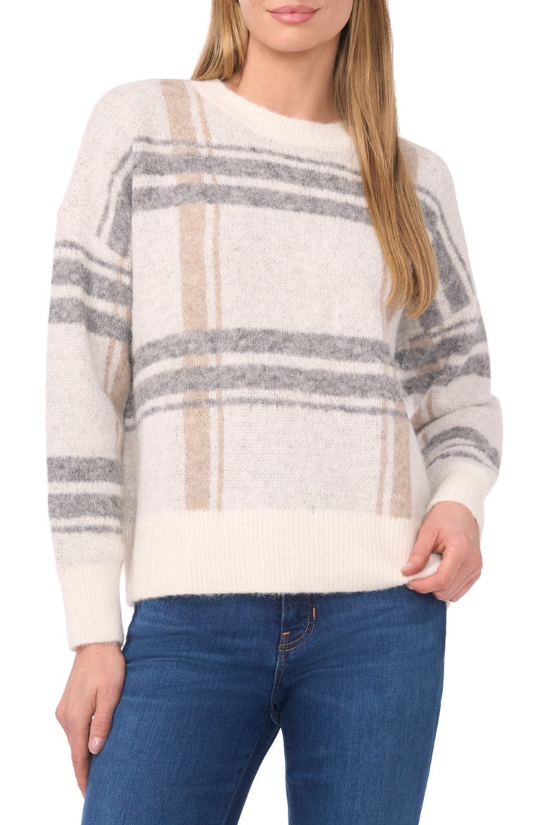 Plaid Jacquard Crewneck Sweater, Main, color, NEW IVORY