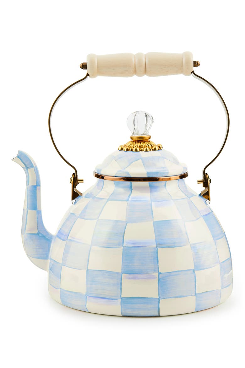 Sky Check Enameled Steel 3-Quart Tea Kettle, Main, color, SKY CHECK