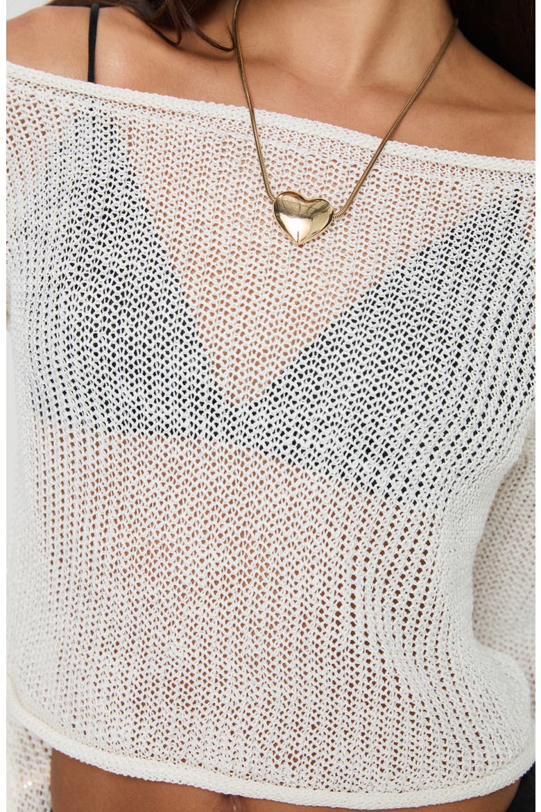Cafe Pari Open Stitch Off the Shoulder Crop Sweater, Alternate, color, WHITE