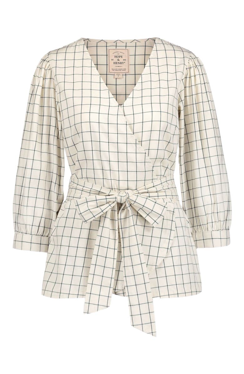 Hope 
Henry Women
s Organic Puff Sleeve Wrap Top, Alternate, color, Ivory And Navy Windowpane