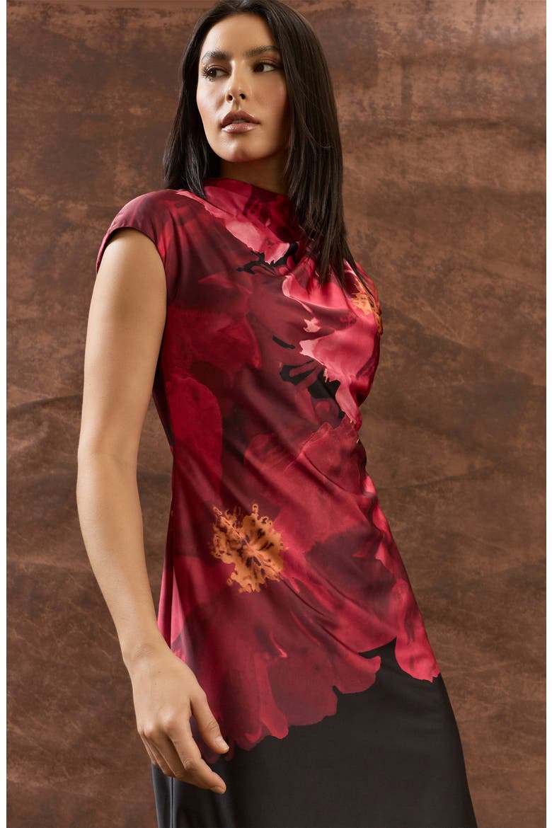 Pleated Floral Print Cap Sleeve Satin Midi Dress, Alternate, color, BLACK/ FLAME