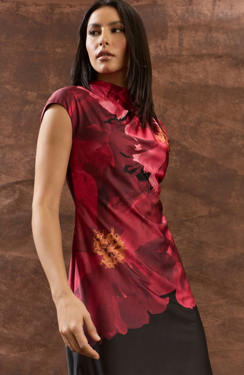 Maggy London Pleated Floral Print Cap Sleeve Satin Midi Dress, Alternate, color, Black/ Flame