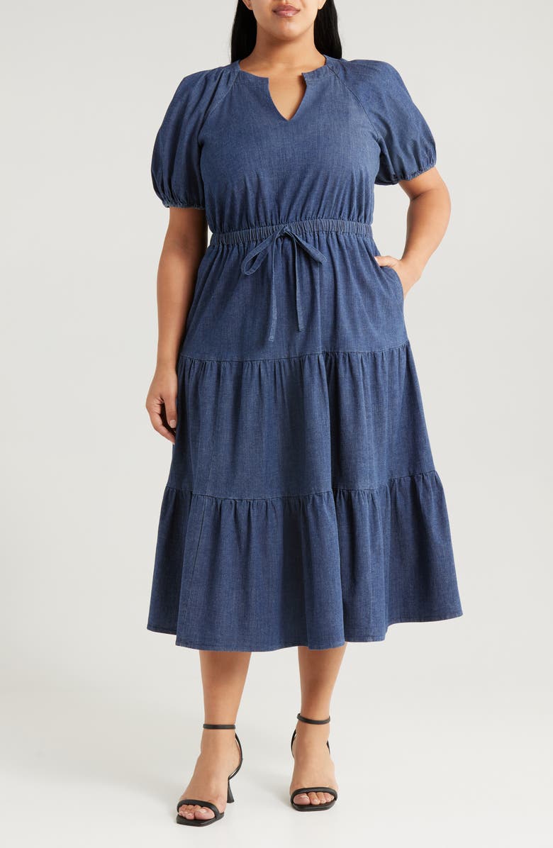 Anne Klein Tiered Denim Midi Dress, Main, color,