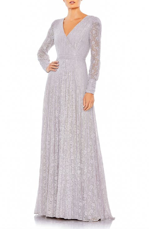 Beaded Lace Long Sleeve Wrap Over Gown
