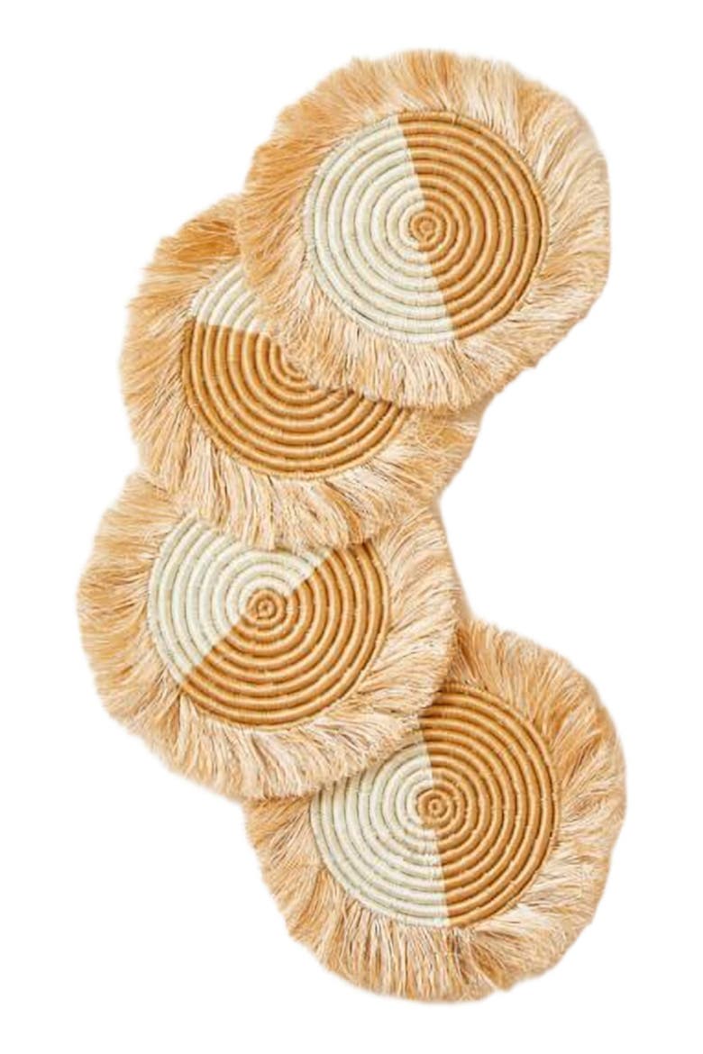 Akeza Fringe Coasters in White - Set of 4, Main, color, Cream and Natural