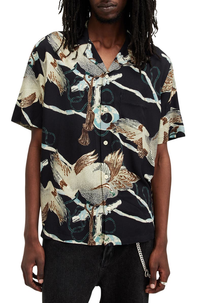 AllSaints Buzzard Print Camp Shirt, Main, color, Jet Black