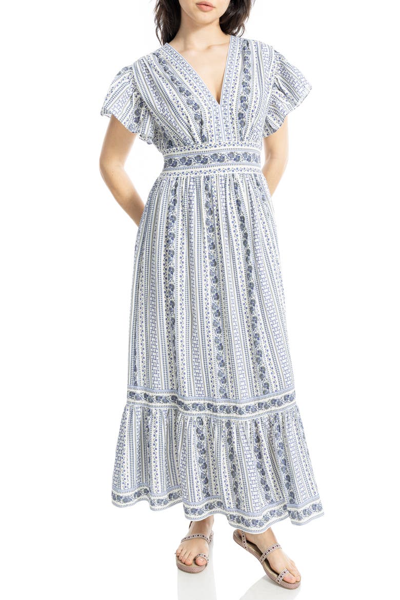 Flutter Sleeve Maxi Dress, Alternate, color, ECRU/ BLUE DITSY