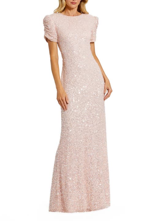 Petite Gathered Short Sleeve Beaded Gown