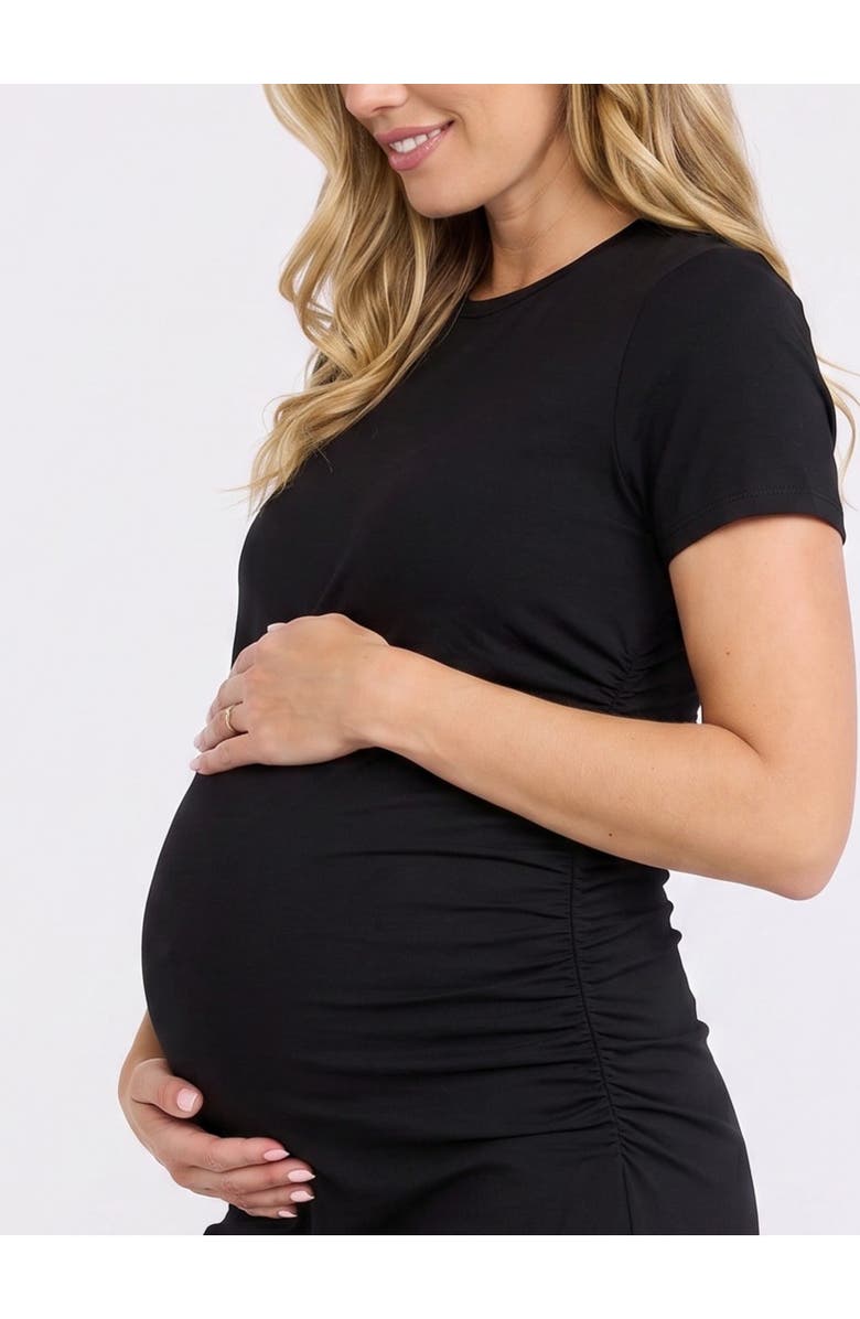 MOTHERHOOD MATERNITY Crewneck Short Sleeve Side Ruched Bodycon Mini Dress, Alternate, color, Black