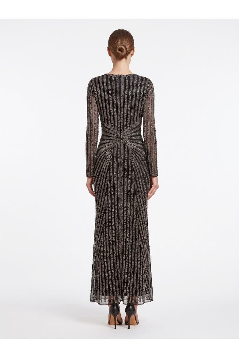 Long Sleeve Beaded Gown, Alternate, color, Black Silver