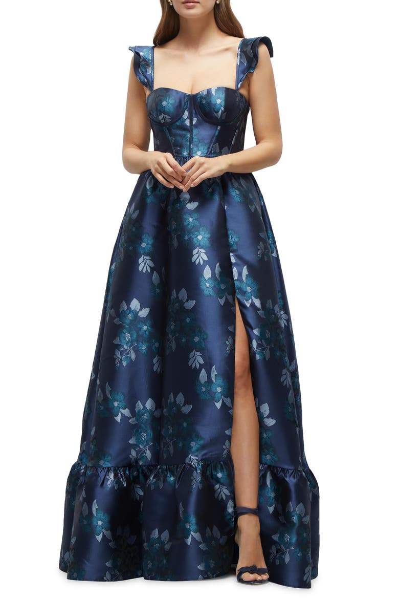 Baroque Rose Structured Bodice Gown, Main, color, MIDNIGHT NAVY DAMASK