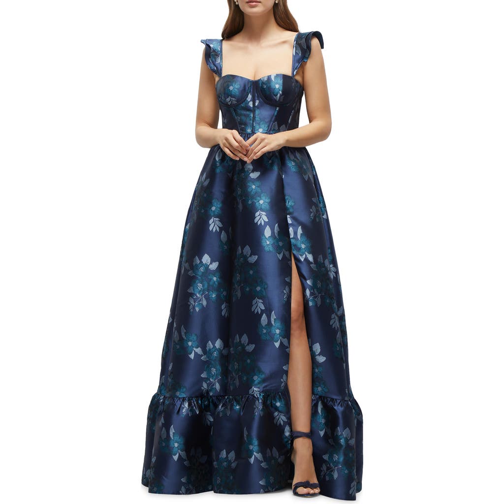 Dessy Collection Baroque Rose Structured Bodice Gown in Midnight Navy Damask at Nordstrom, Size 8