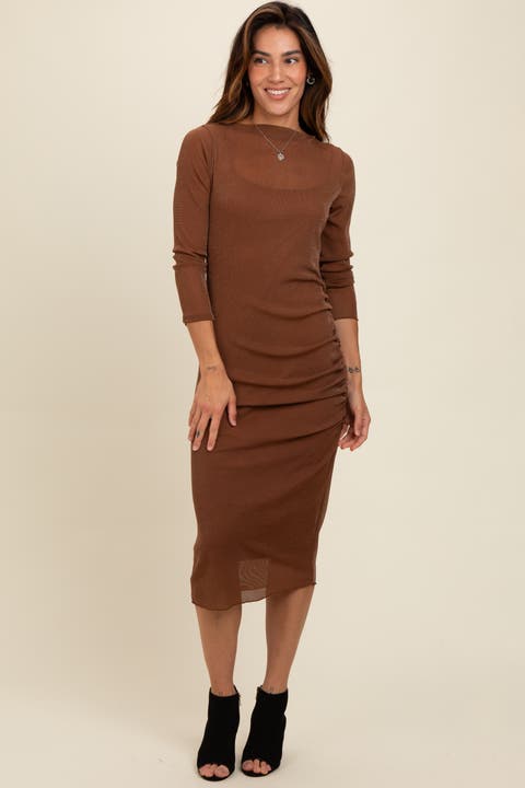 Shimmer Mesh Long Sleeve Ruched Midi Dress