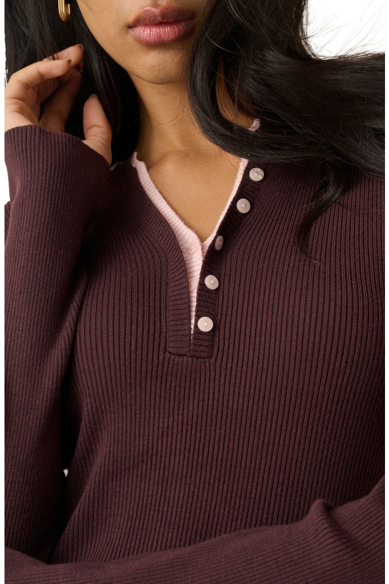 Double Layer Henley Sweater, Alternate, color, BROWN