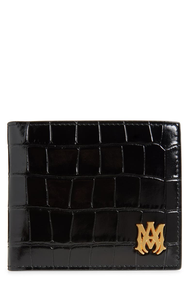 MA Icon Croc Embossed Leather Bifold Wallet, Main, color, BLACK