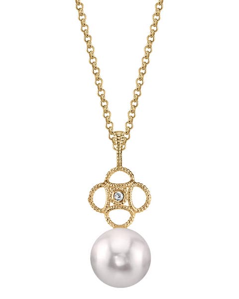 14K Gold Akoya Pearl & Diamond Lacy Pendant