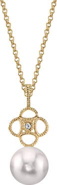 The Pearl Source 14K Gold Akoya Pearl & Diamond Lacy Pendant