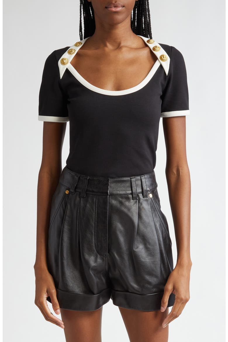 Button Detail T-Shirt, Main, color, BLACK/ CREAM