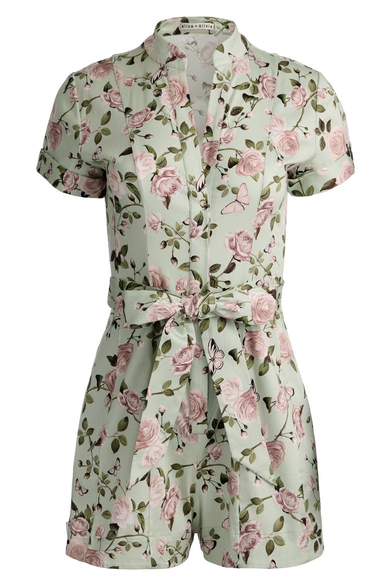 Lucy Floral Belted Romper, Alternate, color, GARDEN GOSSIP LIGHT SAGE
