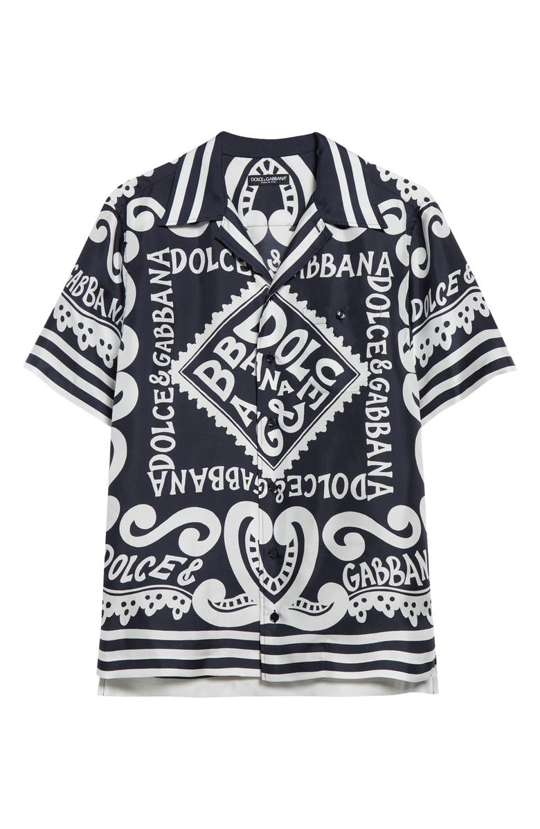 Dolce&Gabbana Marina Print Silk Twill Button-Up Shirt, Alternate, color, Marina Blue