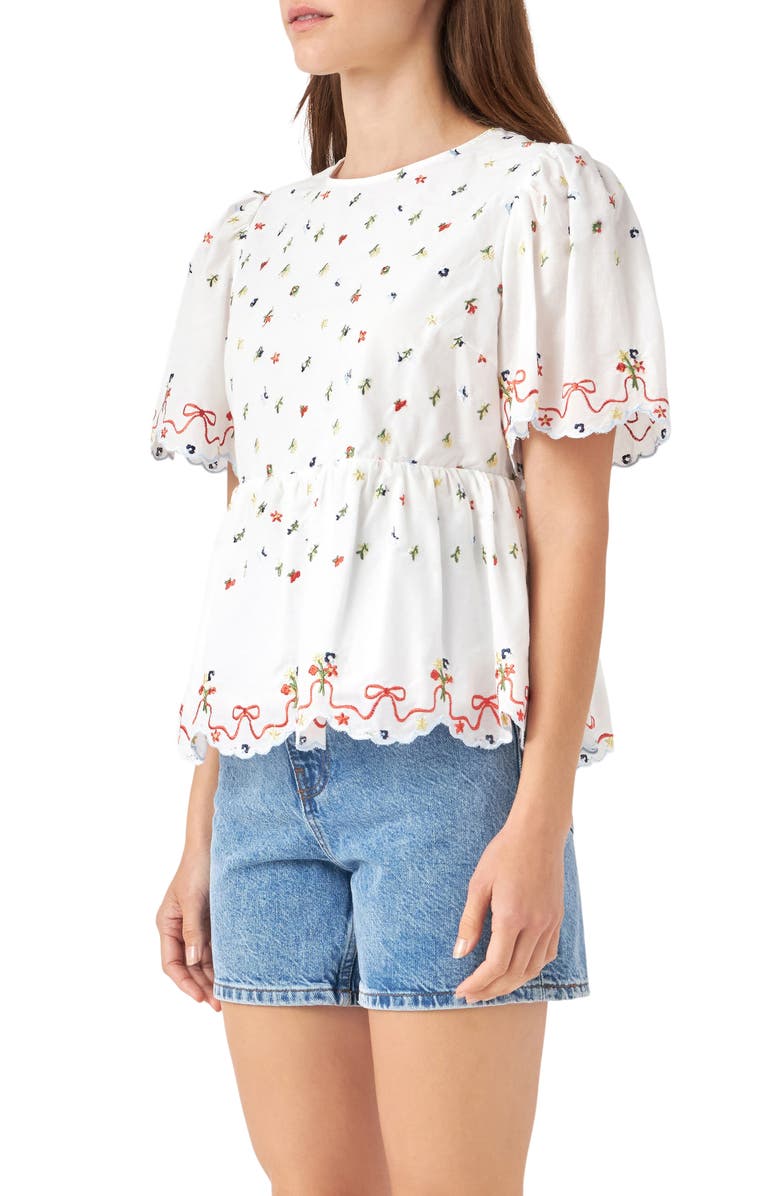 English Factory Floral Embroidered Scallop Top, Alternate, color, White