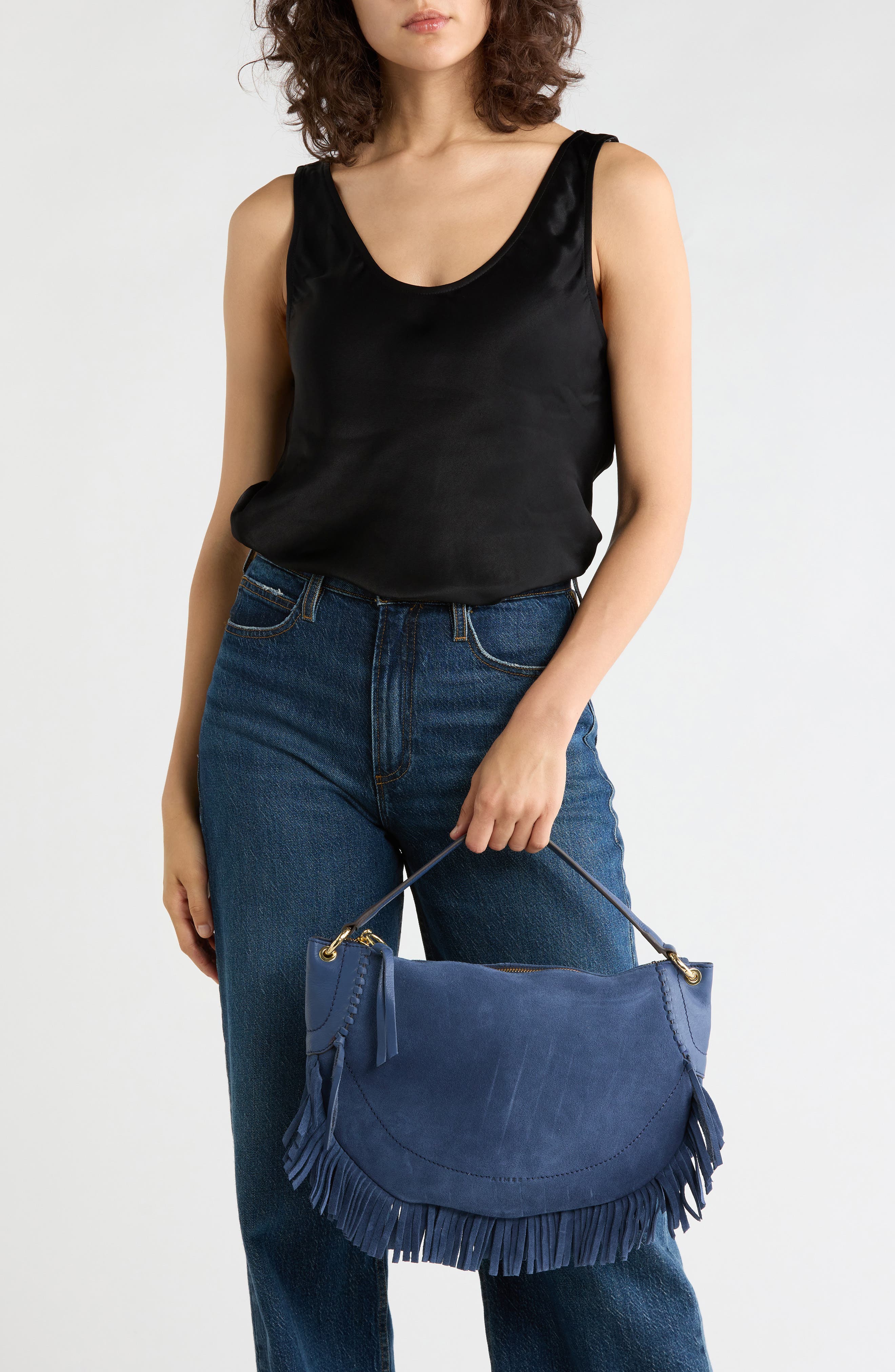 Dante Fringe Leather Shoulder Bag, Alternate, color, INDIGO SUEDE