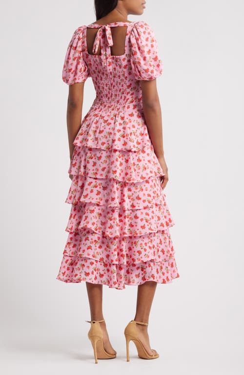 Wayf Agatha Floral Tiered Ruffle Midi Dress In Red Mni Roses