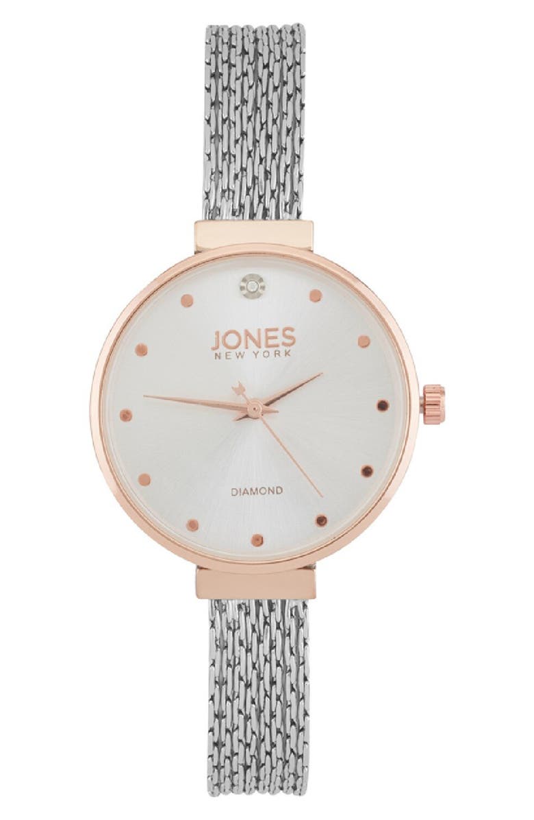 Jones New York Diamond Two-Tone Quartz Mesh Bracelet Watch, 36mm, Main, color, White/ Rose Gold