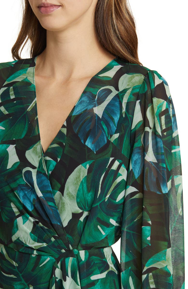 Sam Edelman Monstera Print Long Sleeve Midi Wrap Dress, Alternate, color, 