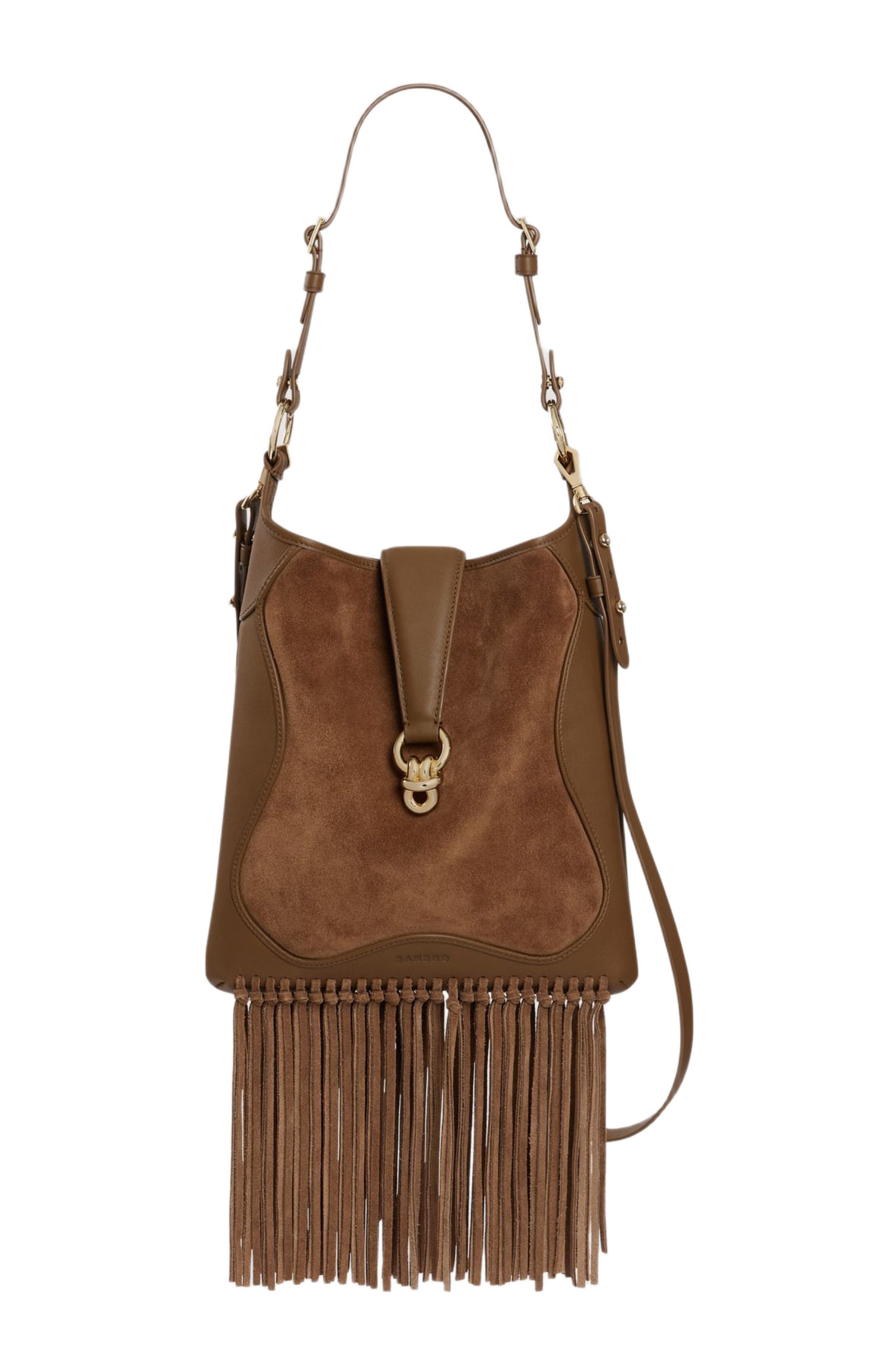 SANDRO Leather and suede fringe bag, Main, color, Camel