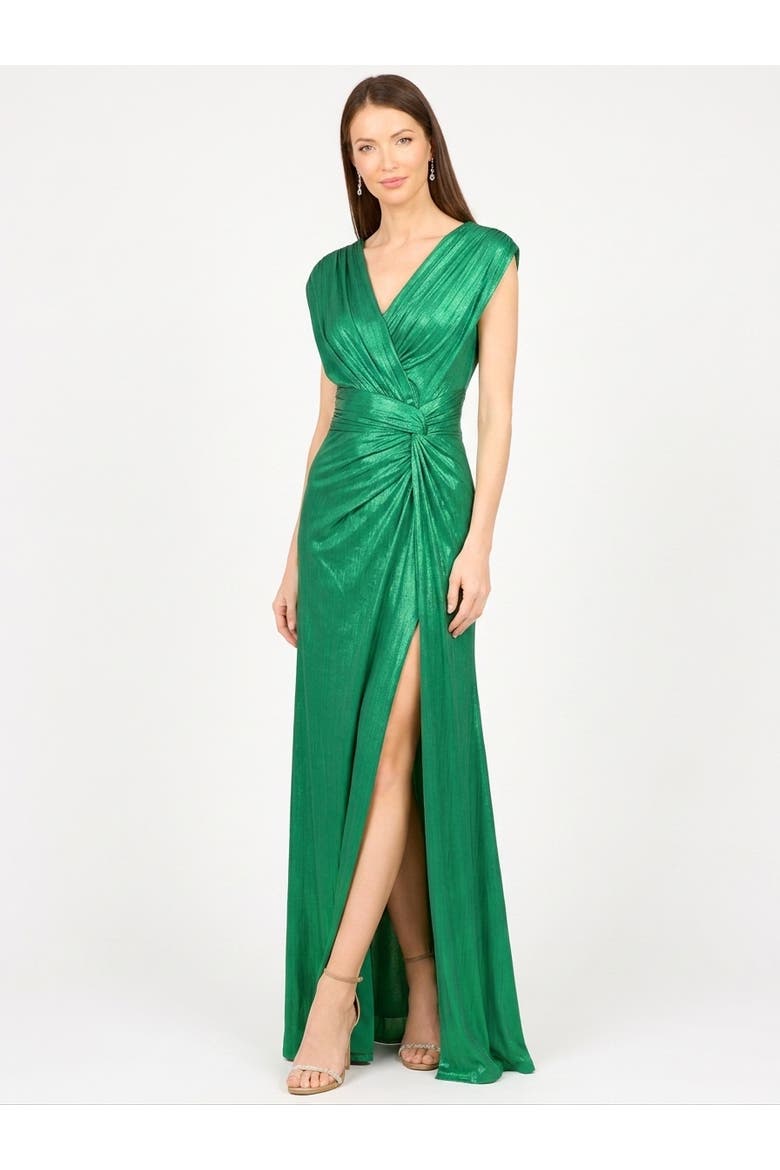 V-Neck Metallic Dress with Slit, Alternate, color, Green