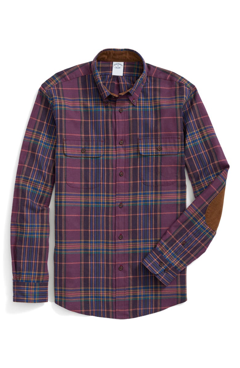 Brooks Brothers Plaid Cotton & Cashmere Flannel Button-Up Shirt, Alternate, color, Dark Purple