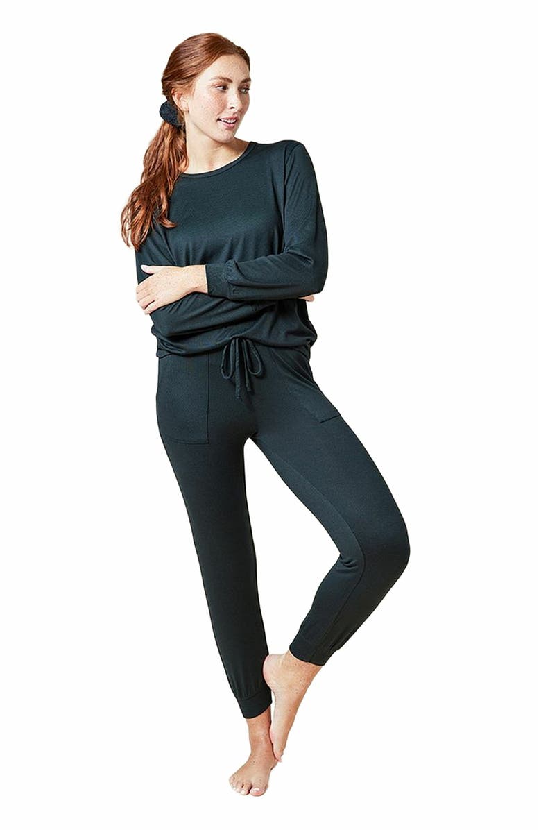 Softies Dream Jersey Long Sleeve Crew Neck Lounge Set with Jogger Pant, Main, color, Black
