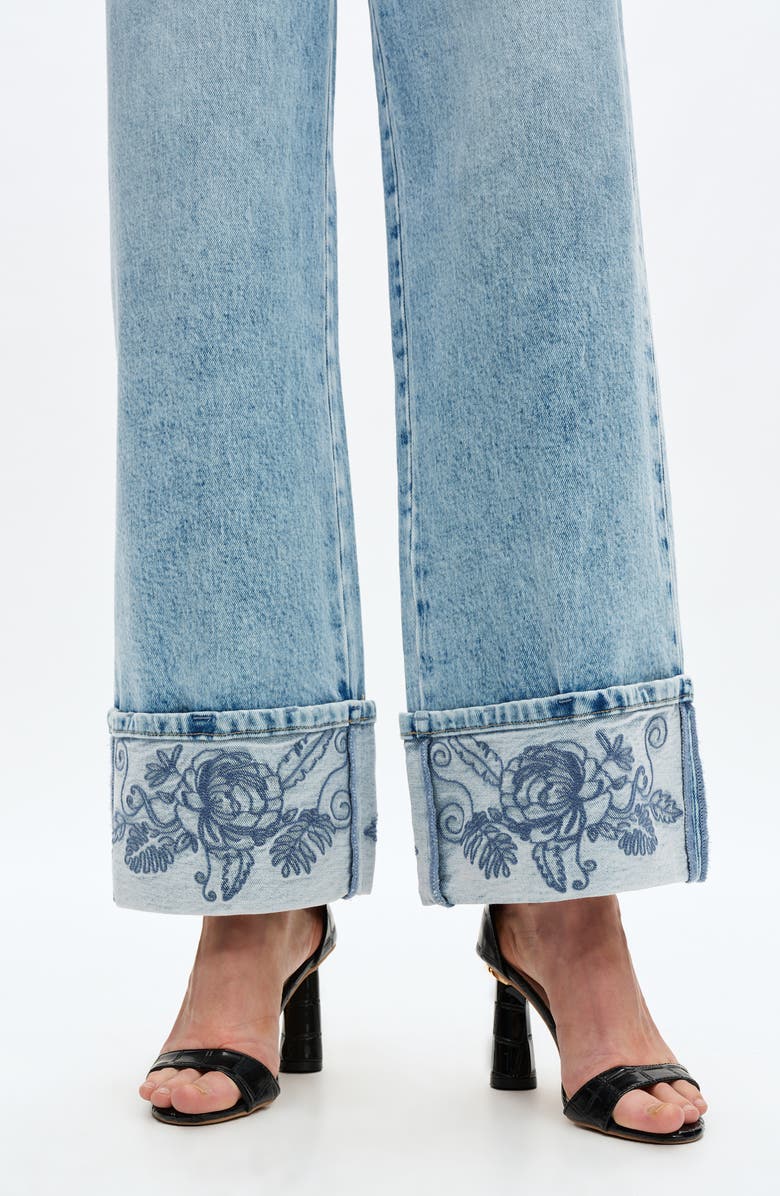 Bayeas Flora Embroidered High Waist Cuffed Wide Leg Jeans, Alternate, color, 