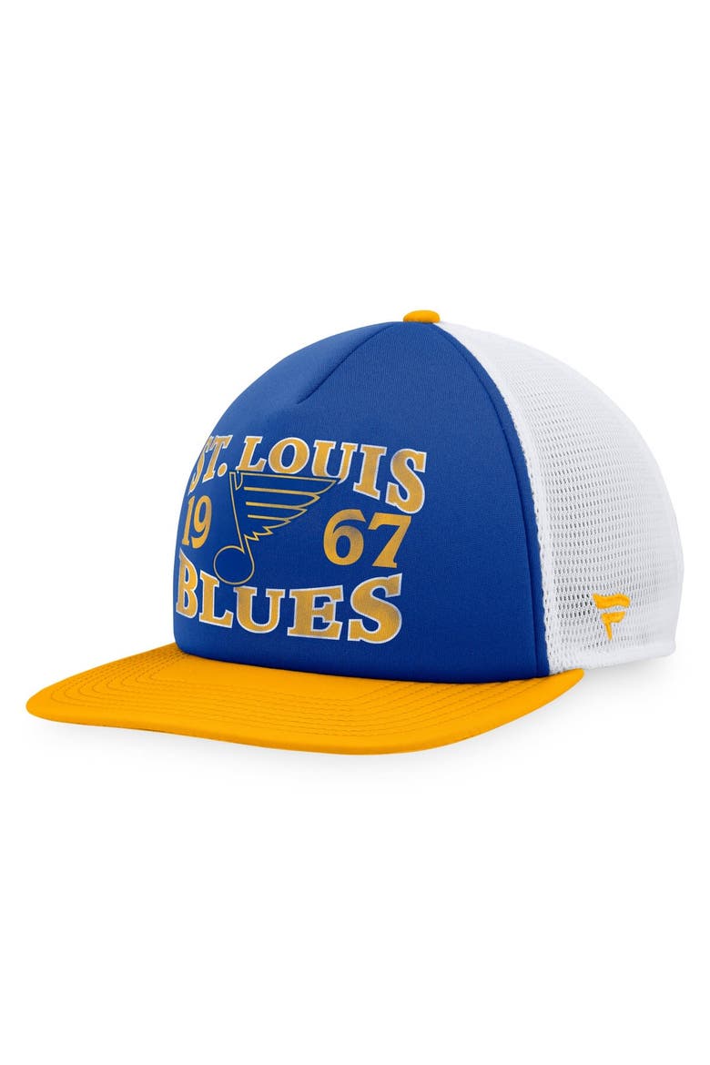 Men's Fanatics Branded Blue/Gold St. Louis Blues Heritage Vintage Foam Front Trucker Snapback Hat, Main, color, Blue