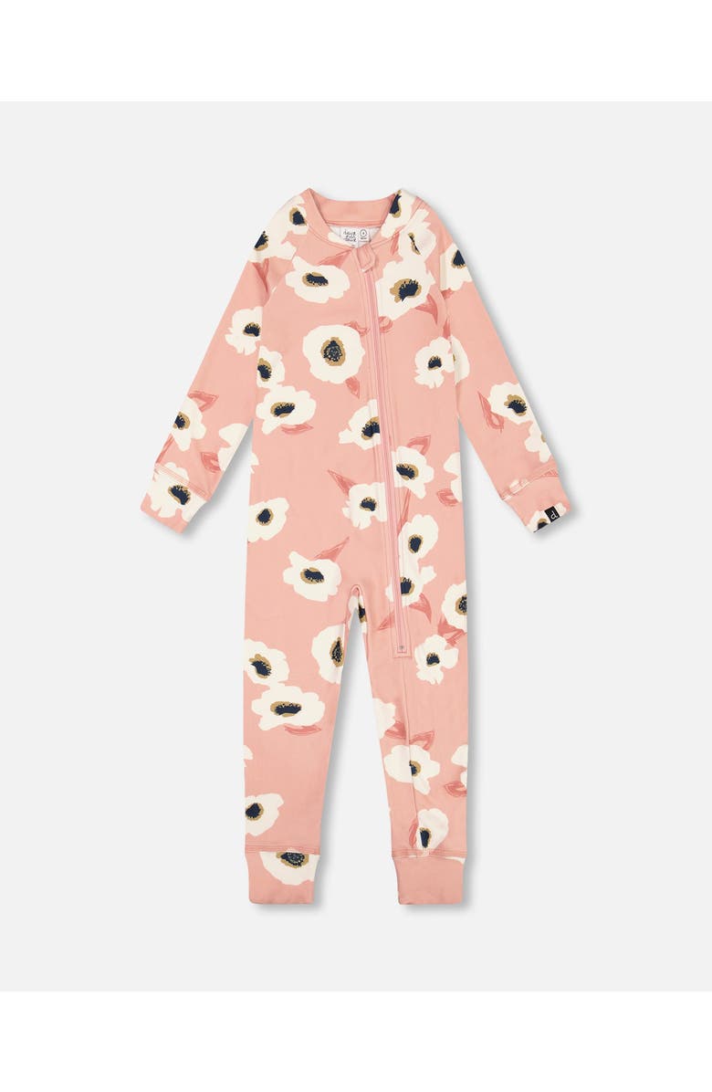 Deux par Deux Little Girl's One Piece Thermal Underwear Pink Printed Off White Flowers, Main, color, 