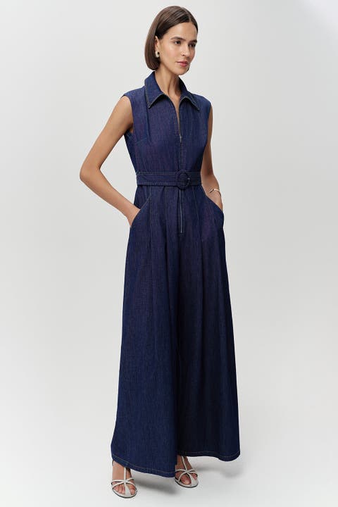 Keith Sleeveless Front Zipper Belted Denim Jumpsuit