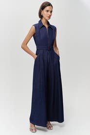 Exquise Keith Sleeveless Front Zipper Belted Denim Jumpsuit