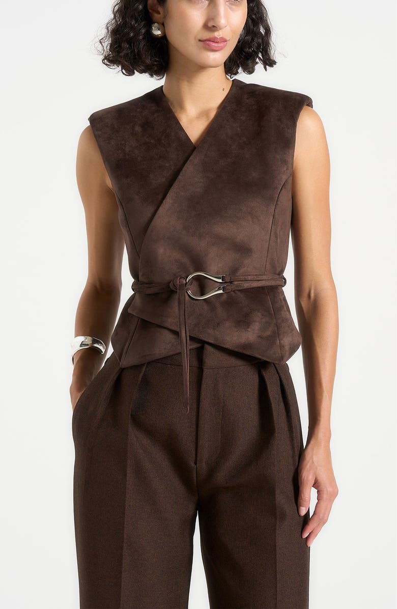 Manière De Voir Jeanne Suede Wrap Waistcoat with Belt, Alternate, color, Brown