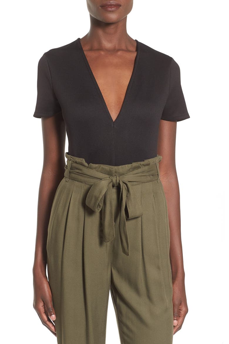 Plunge Neck Bodysuit, Main, color, BLACK