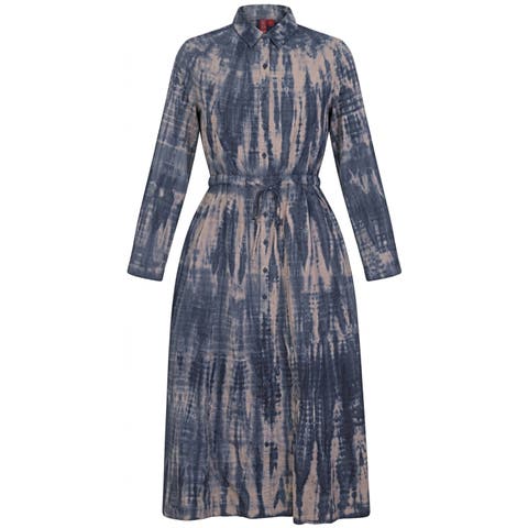 Tie Dye Button-Down Cotton Midi Shirt Dress