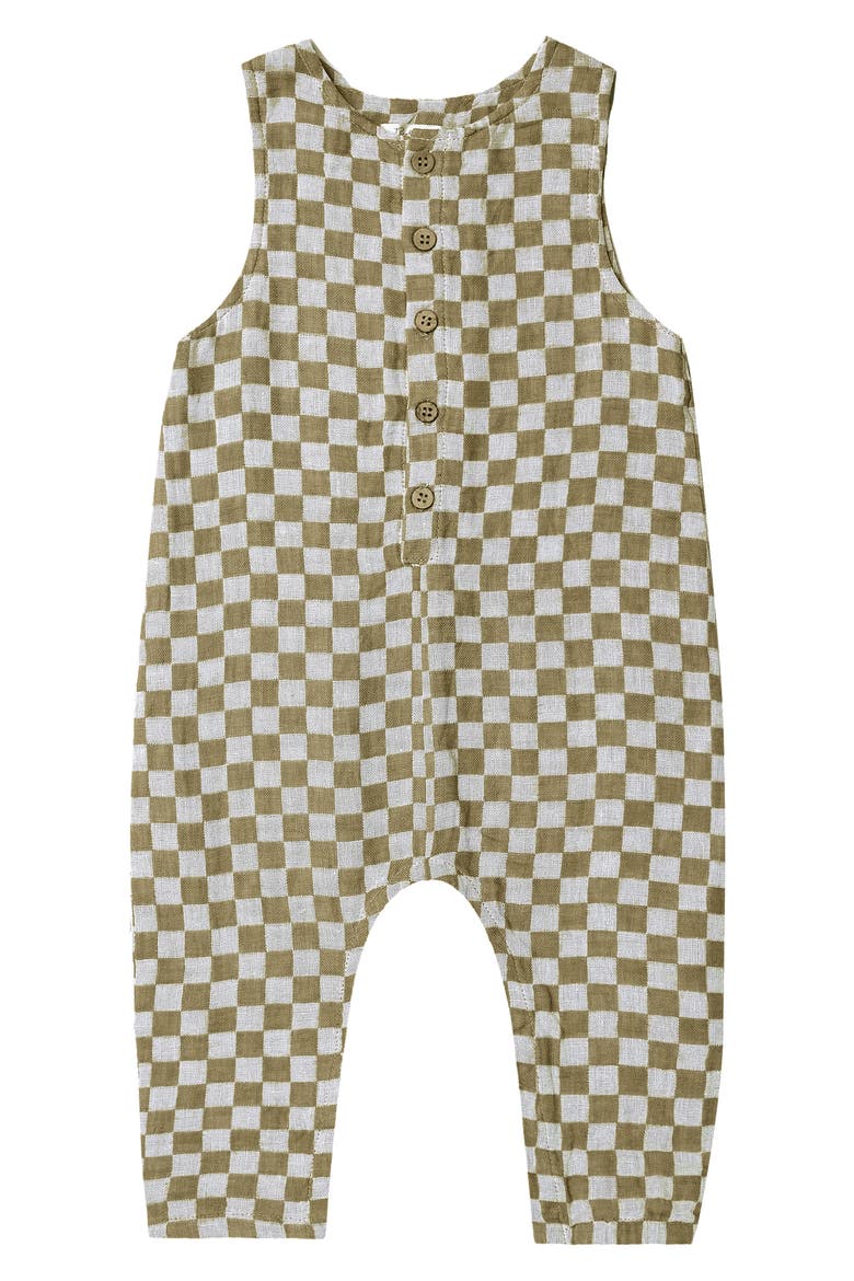 Button Linen & Cotton Romper, Main, color, OLIVE-CHECK