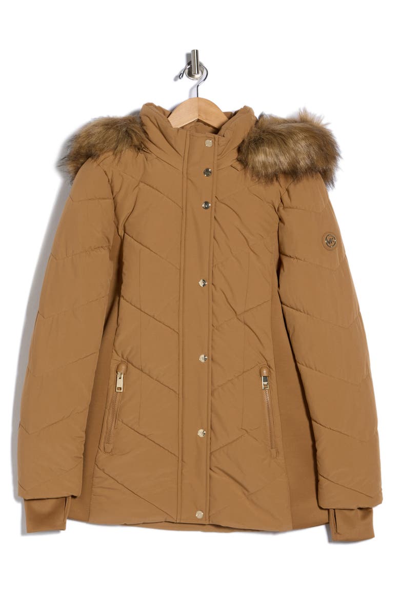 Michael Kors Faux Fur Trim Hooded Quilted Jacket, Alternate, color, Dark Camel