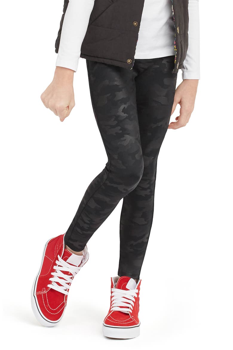 Kids' Camo Faux Leather Leggings, Alternate, color, BLACK